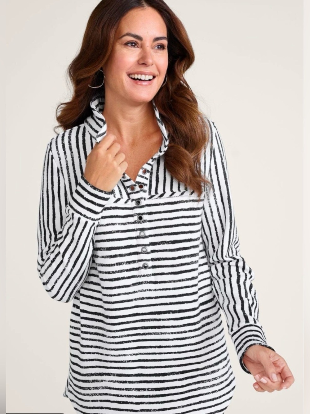 Soft Surroundings Neera french terry White & Black Striped Henley Tunic